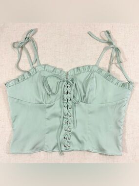 Current Mood Lace-Up Ruffle Crop Top L Mint Green Silky Y2K